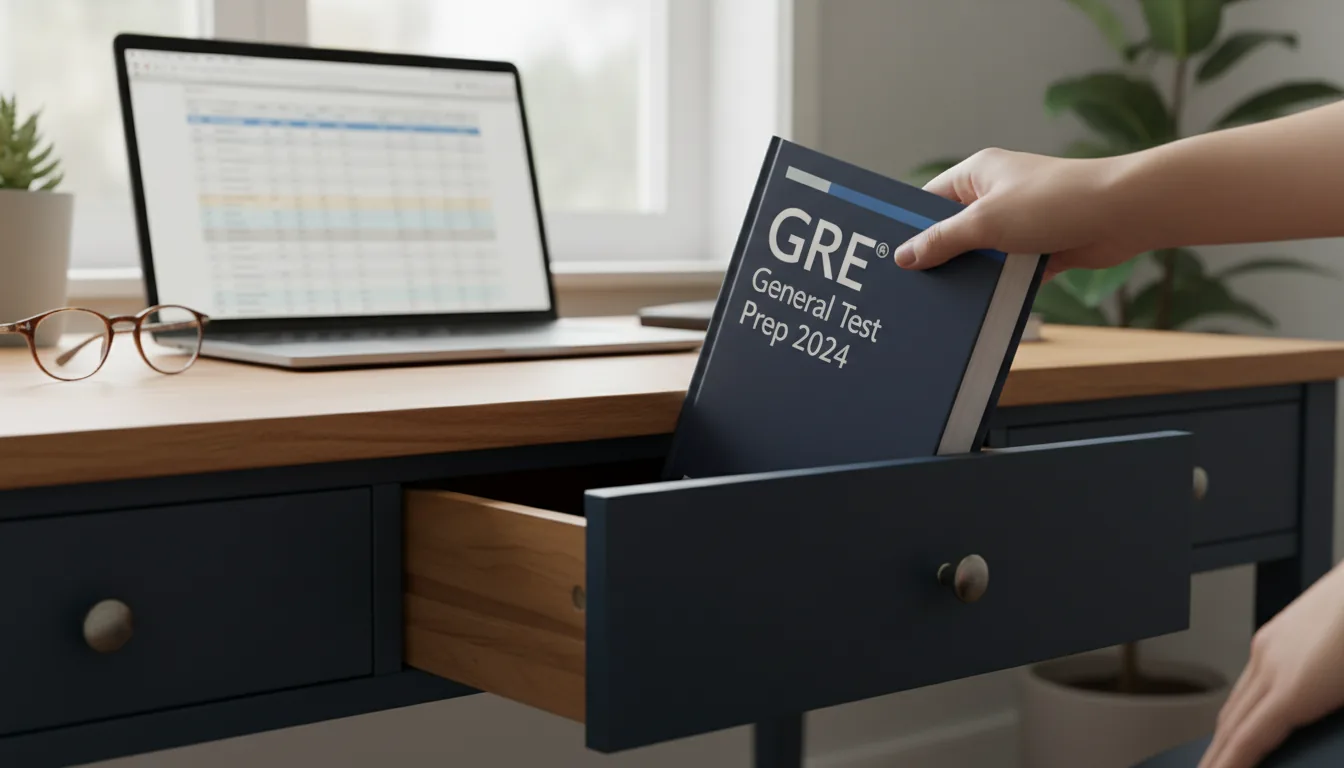GRE study materials beside a laptop and course planner.