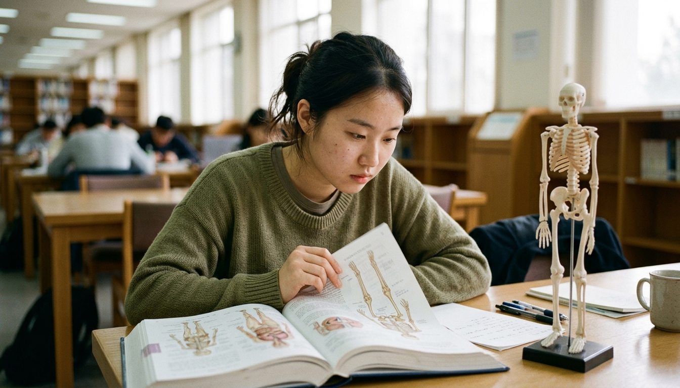 Student reviewing anatomy with a skeletal model nearby.
