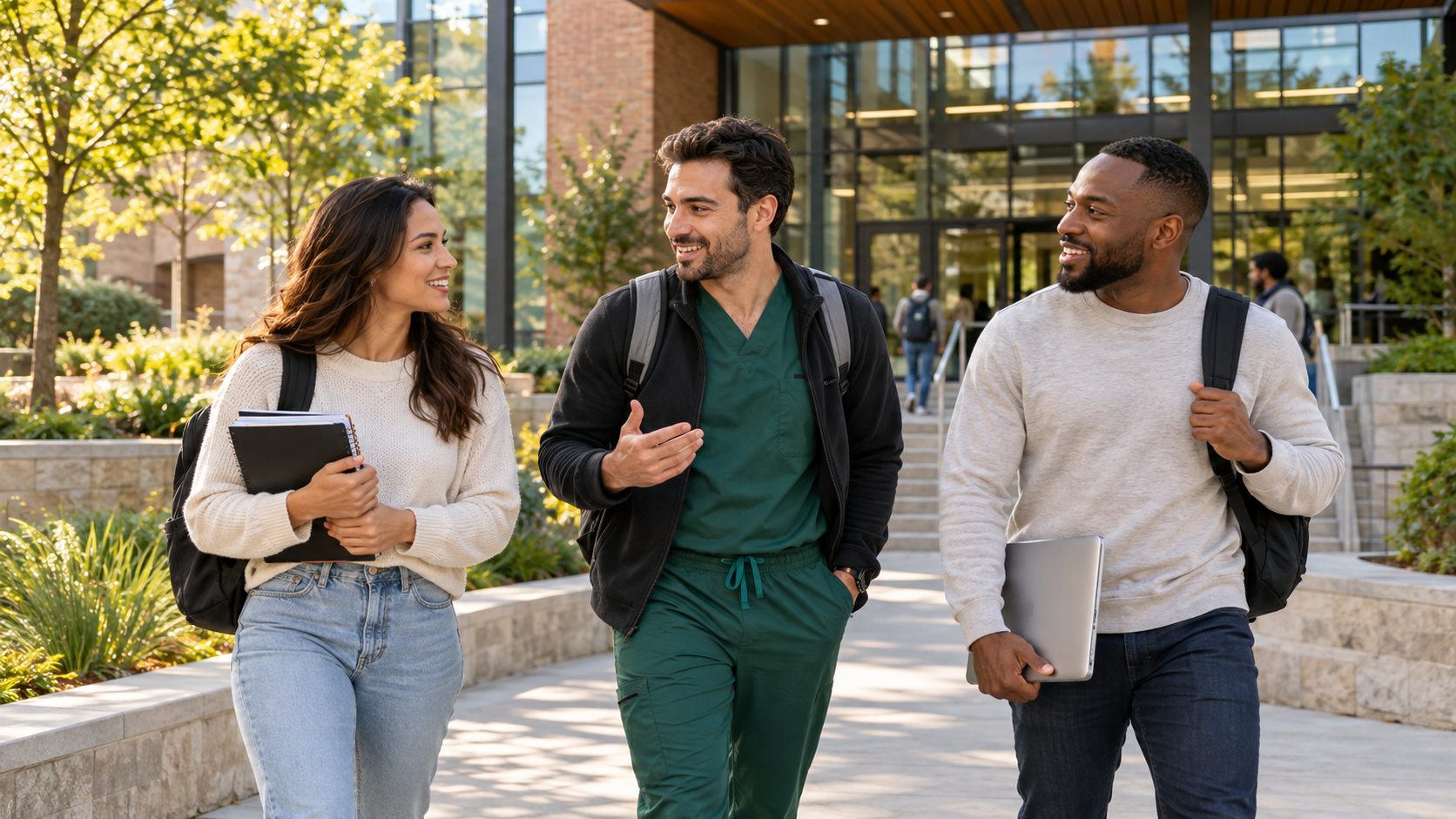 Students walking together outside a university building.