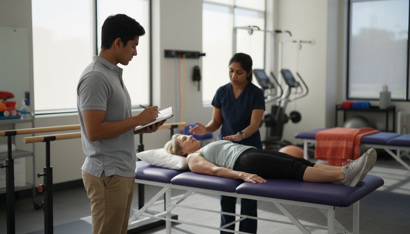 An observer taking notes during a physical therapy session.