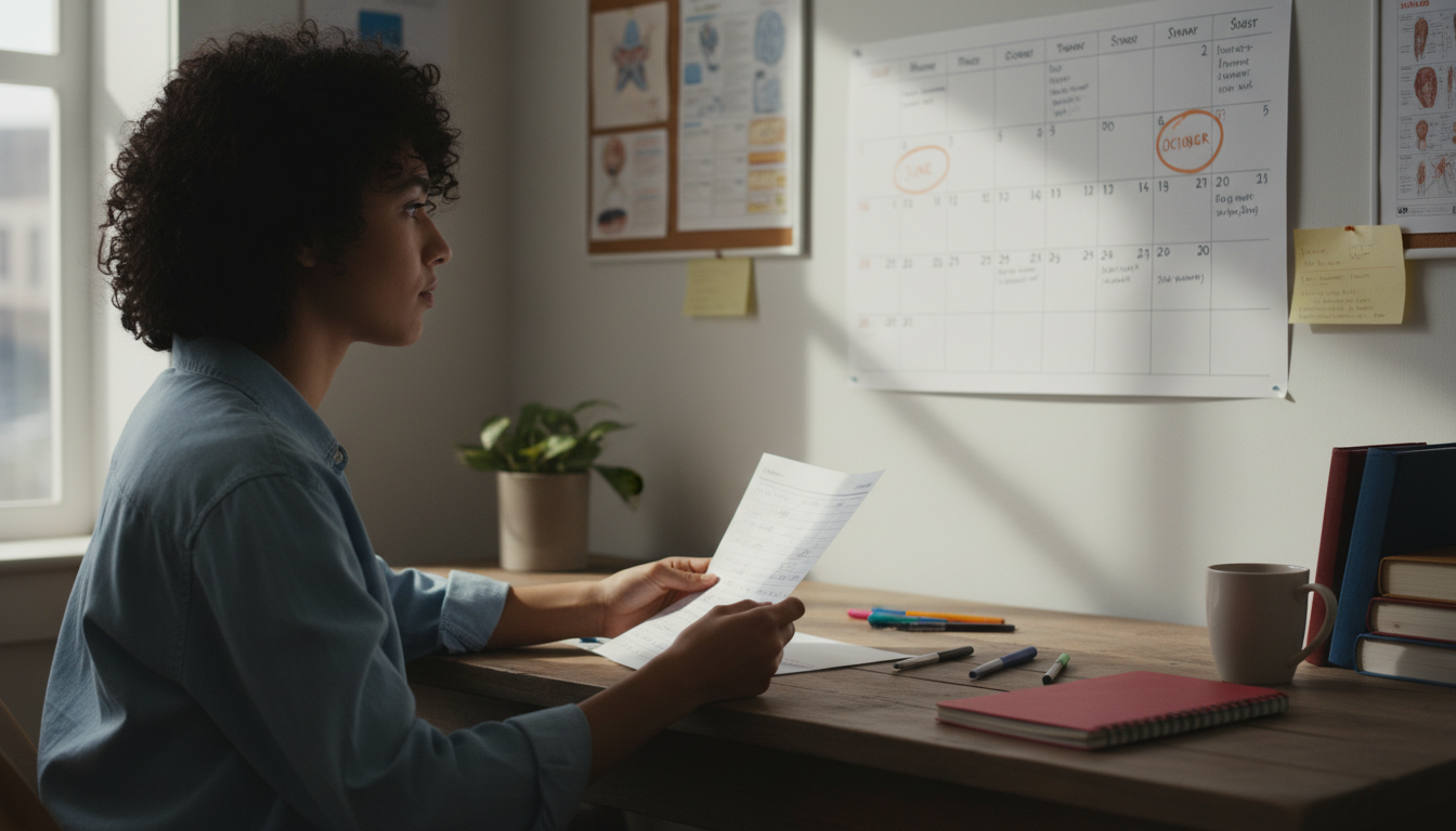 Applicant organizing dates beside a wall calendar.