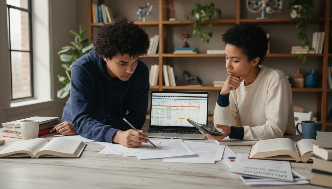 Two students comparing coursework and records.